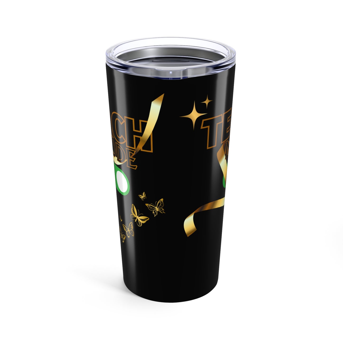 Teach Mode Stylish 20oz Tumbler for Celebrations, Personalized Drinkware, Gift for Teachers, Holiday Parties, Party Favors, Black & Gold Design