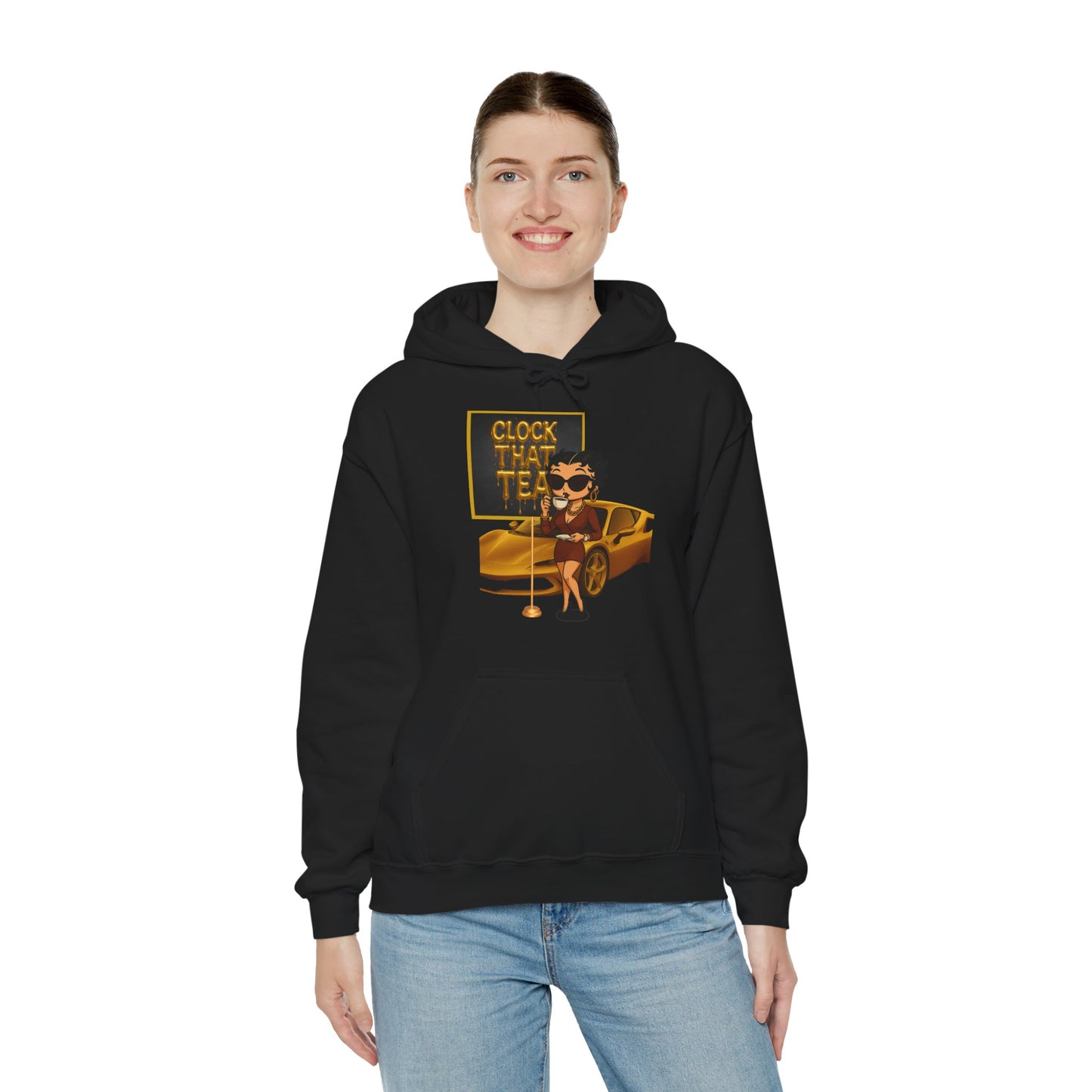 Clock That Tea Chic Hooded Sweatshirt for Tea Lovers, Trendy Unisex Pullover, Casual Streetwear, Gift for Friends, Perfect for Cozy Days