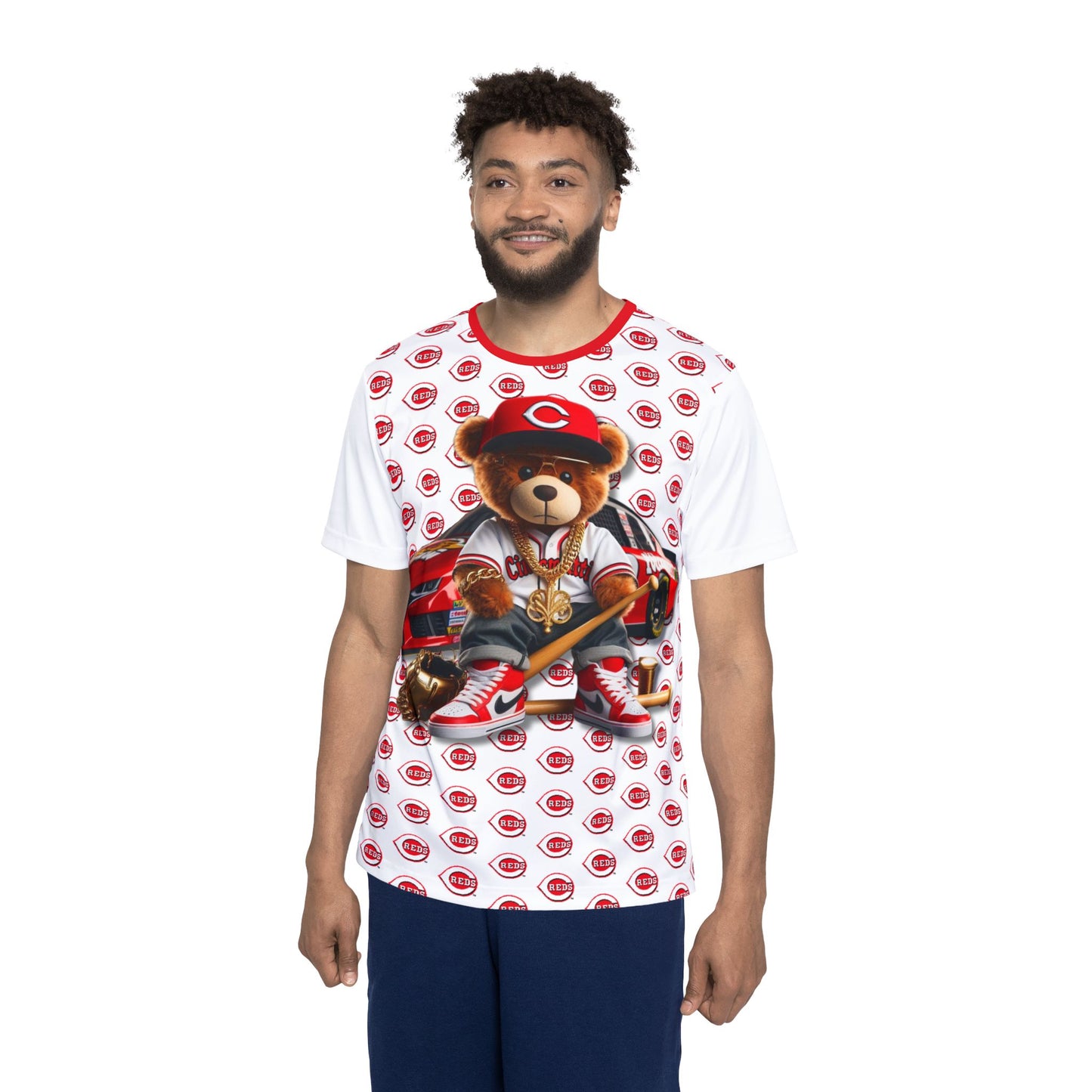Cincinatti Reds Baseball, Bristol Motor Speedway, White Men's Sports Jersey with Bear Mascot, Cute Baseball Shirt, Sporty Casual Wear, Gifts for Sports Fans, MLB Team Apparel, Fun Birthday Present