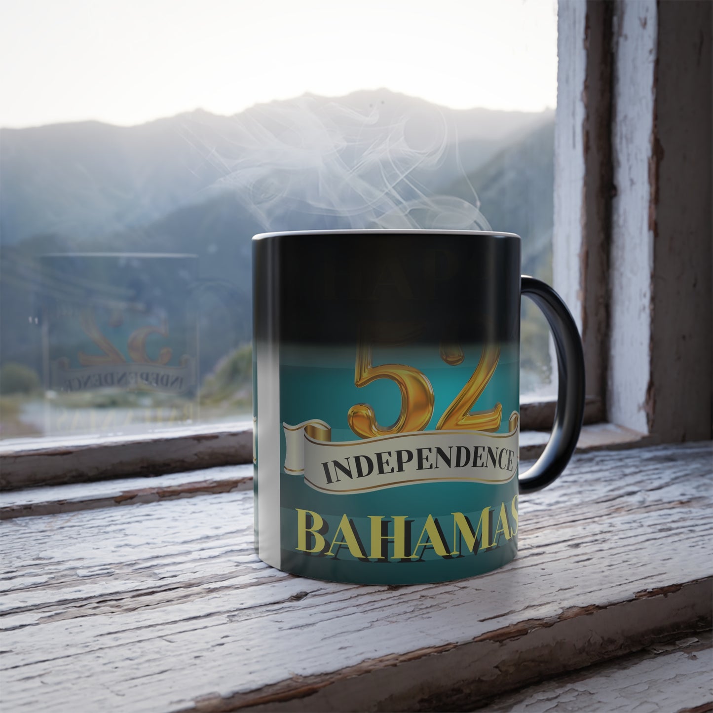 Happy 52nd Independence Blue Stripe Bahamas Color Morphing Mug - Happy Independence Day Gift, Custom Coffee Cup, Fun Drinkware for Bahamas Celebrations, Holiday Memento, Unique Present