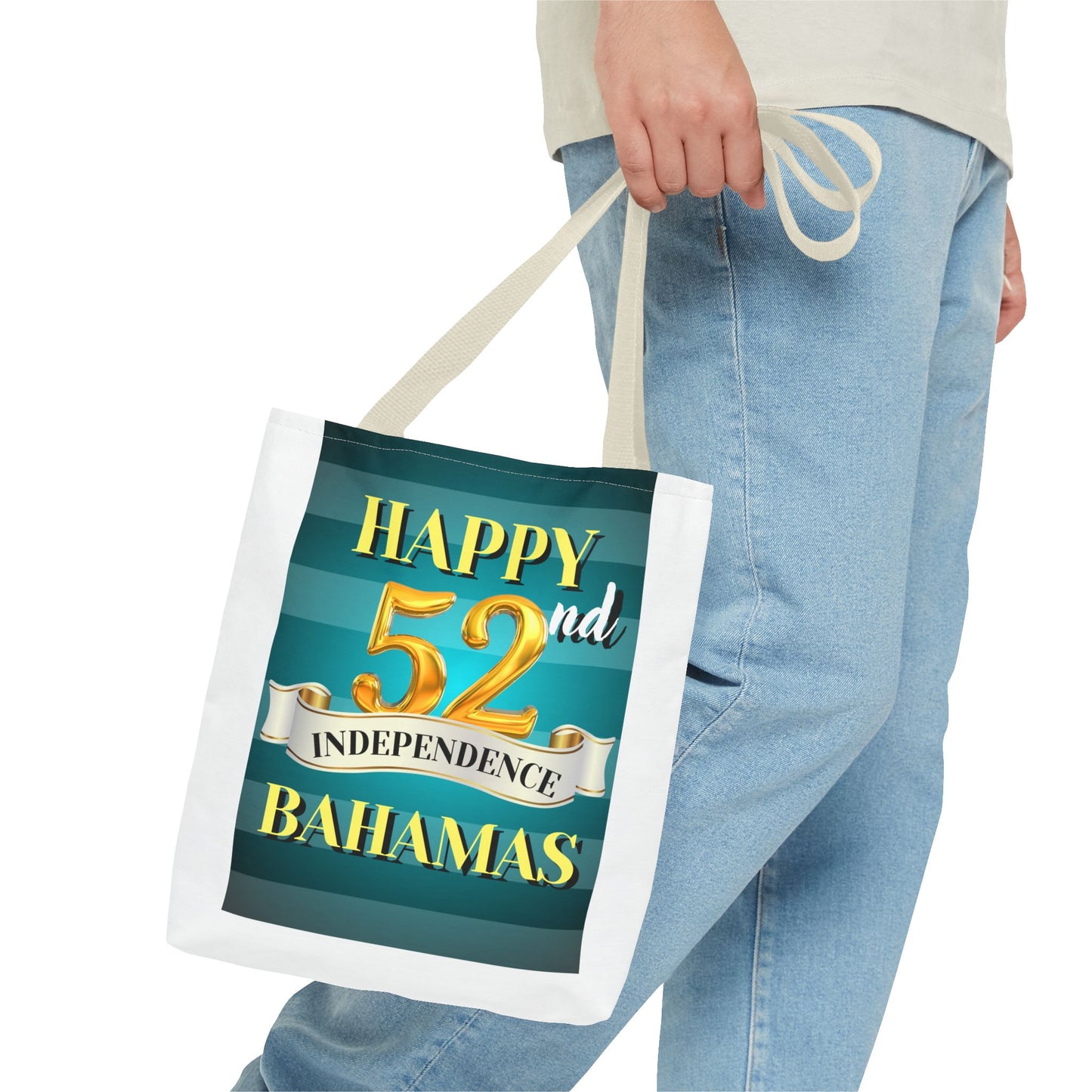 Happy 52nd Independence Blue Stripe Bahamas Tote Bag, Beach Bag, Travel Tote, Gift for Bahamian National Day, Independence Day Celebration