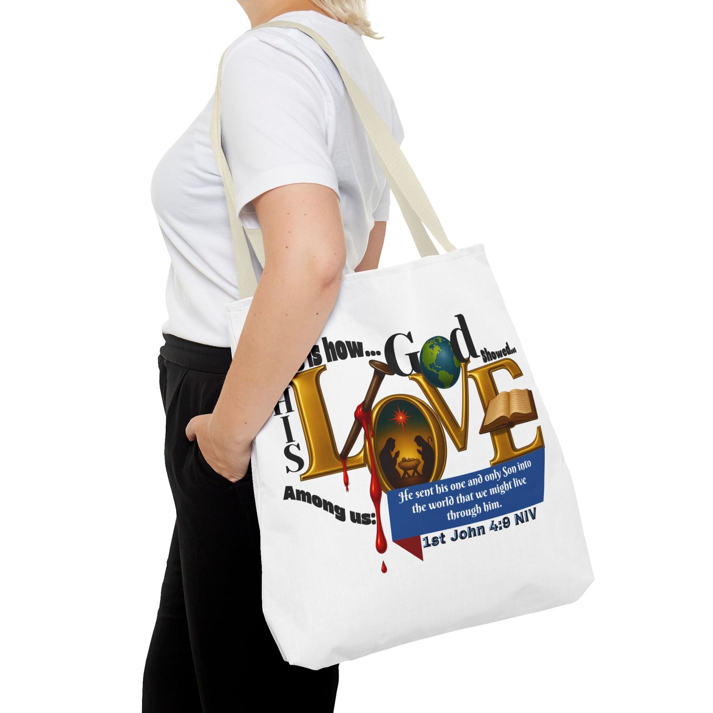 1st John 4:9 Faith-Inspired Tote Bag, Christian Gift, Religious Tote, Bible Verse Bag, Everyday Use, Church Accessory