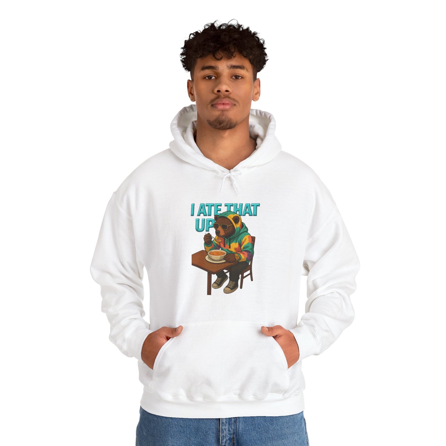 Ate That Up Playful Bear Hoodie, Funny Animal Sweatshirt, Gift for Food Lovers, Cozy Bear Apparel, Unique Unisex Pullover, Fun Statement Top
