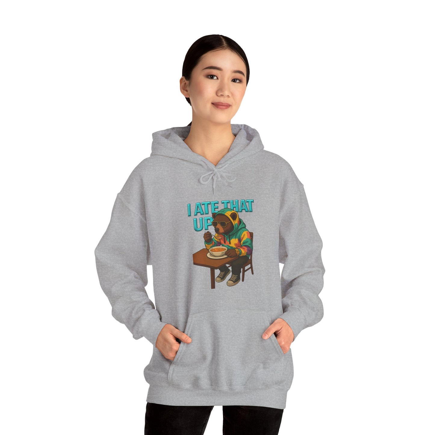 Ate That Up Playful Bear Hoodie, Funny Animal Sweatshirt, Gift for Food Lovers, Cozy Bear Apparel, Unique Unisex Pullover, Fun Statement Top