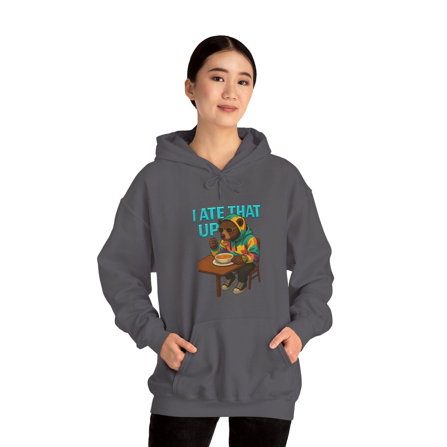 Ate That Up Playful Bear Hoodie, Funny Animal Sweatshirt, Gift for Food Lovers, Cozy Bear Apparel, Unique Unisex Pullover, Fun Statement Top