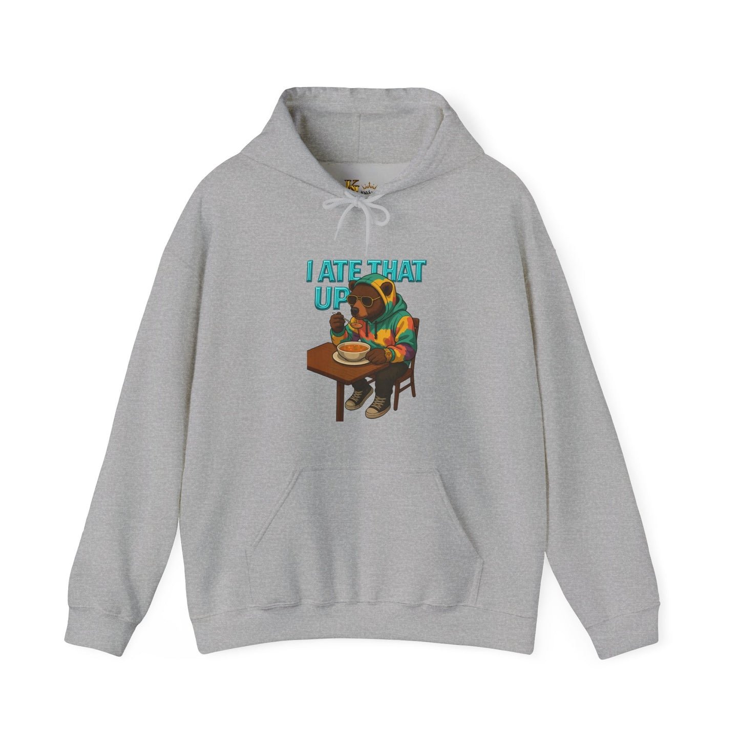 Ate That Up Playful Bear Hoodie, Funny Animal Sweatshirt, Gift for Food Lovers, Cozy Bear Apparel, Unique Unisex Pullover, Fun Statement Top