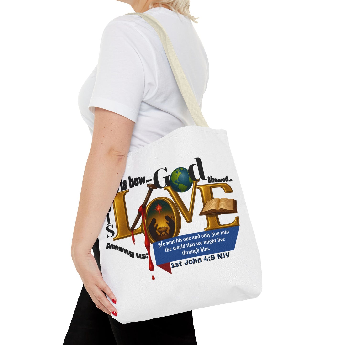 1st John 4:9 Faith-Inspired Tote Bag, Christian Gift, Religious Tote, Bible Verse Bag, Everyday Use, Church Accessory