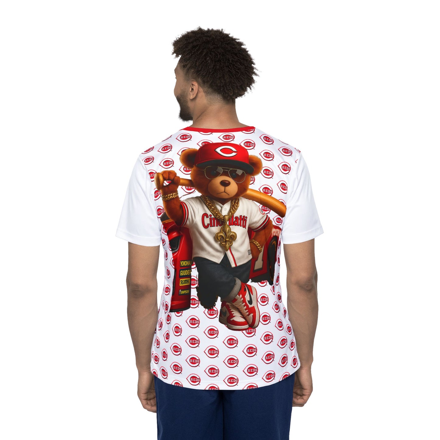 Cincinatti Reds Baseball, Bristol Motor Speedway, White Men's Sports Jersey with Bear Mascot, Cute Baseball Shirt, Sporty Casual Wear, Gifts for Sports Fans, MLB Team Apparel, Fun Birthday Present