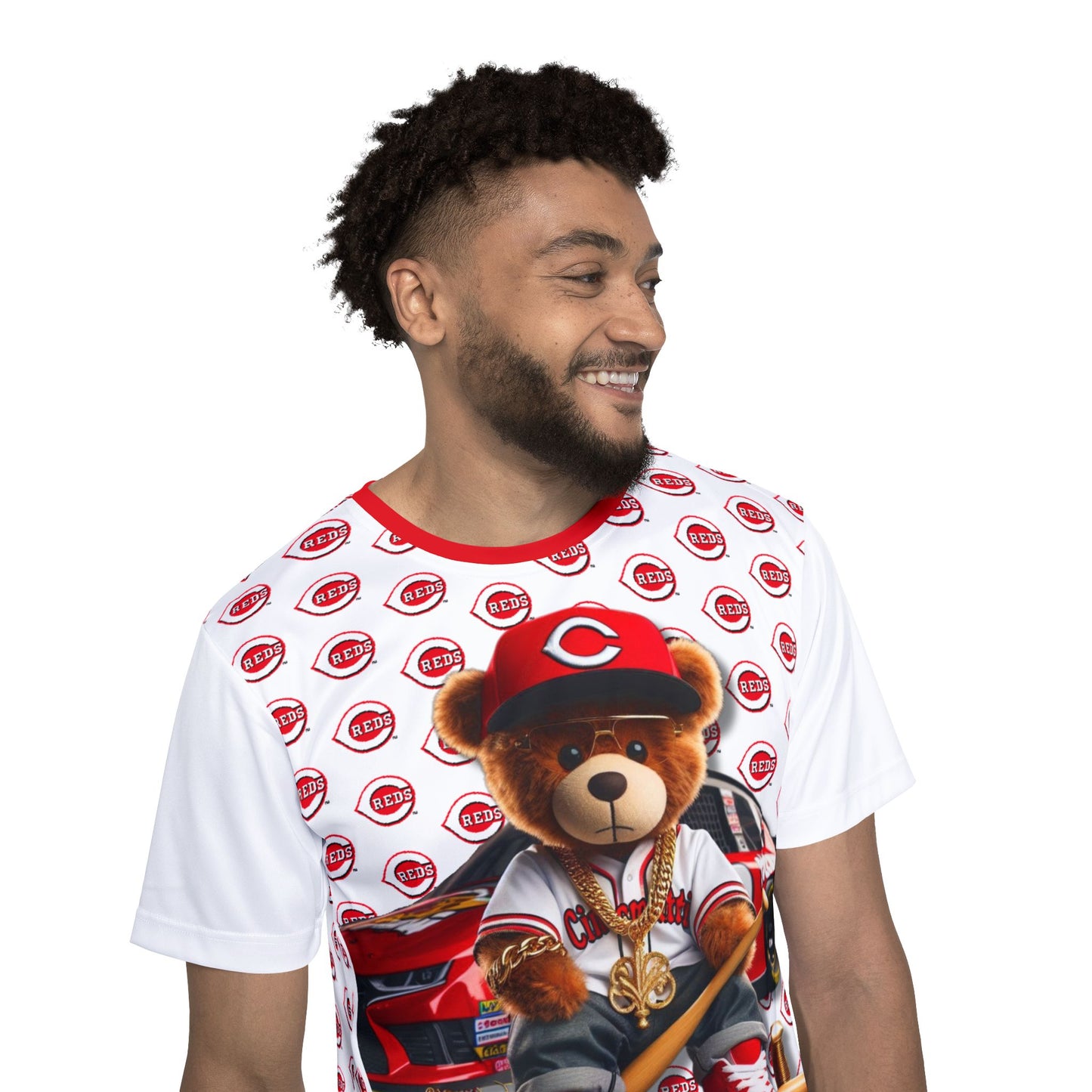 Cincinatti Reds Baseball, Bristol Motor Speedway, White Men's Sports Jersey with Bear Mascot, Cute Baseball Shirt, Sporty Casual Wear, Gifts for Sports Fans, MLB Team Apparel, Fun Birthday Present