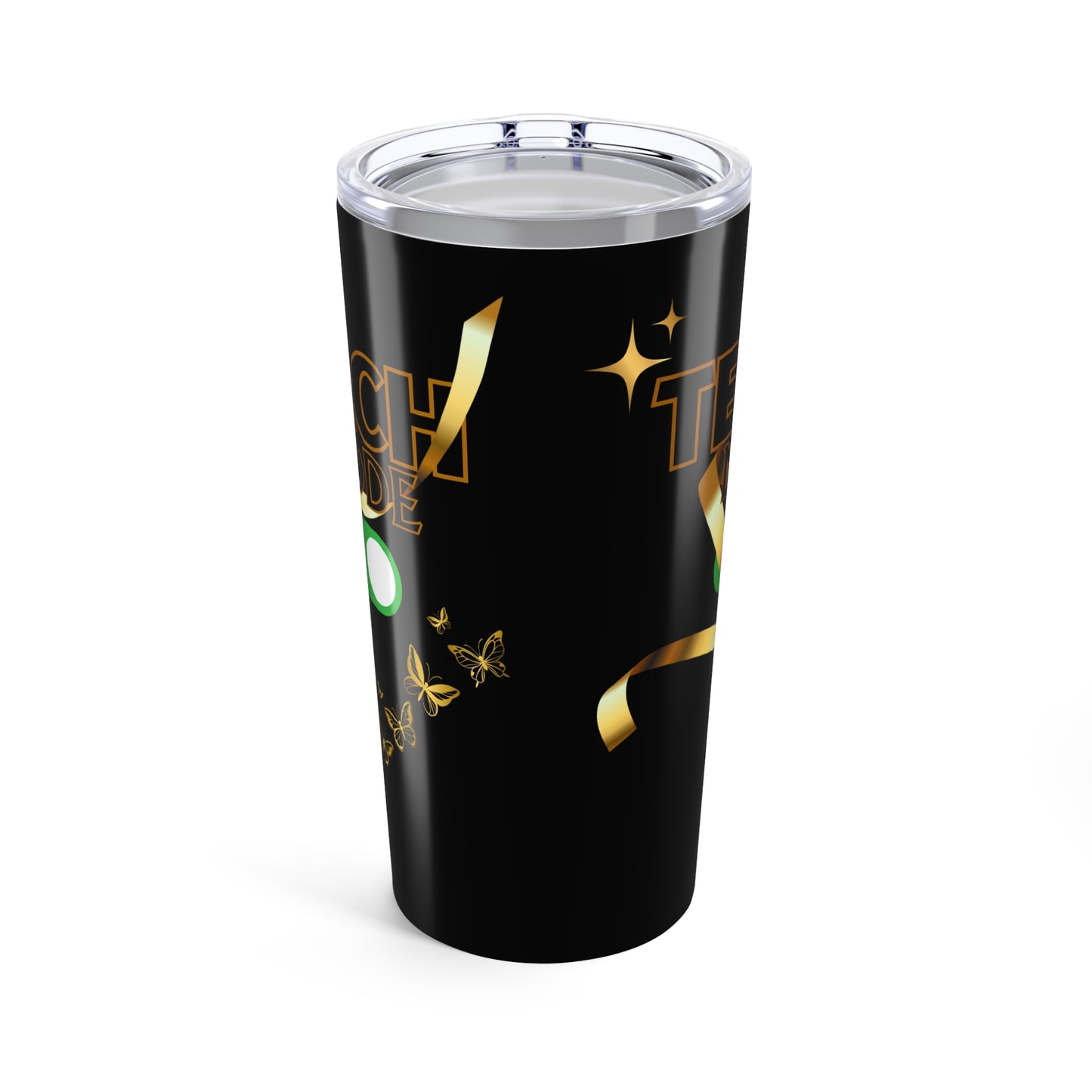 Teach Mode Stylish 20oz Tumbler for Celebrations, Personalized Drinkware, Gift for Teachers, Holiday Parties, Party Favors, Black & Gold Design