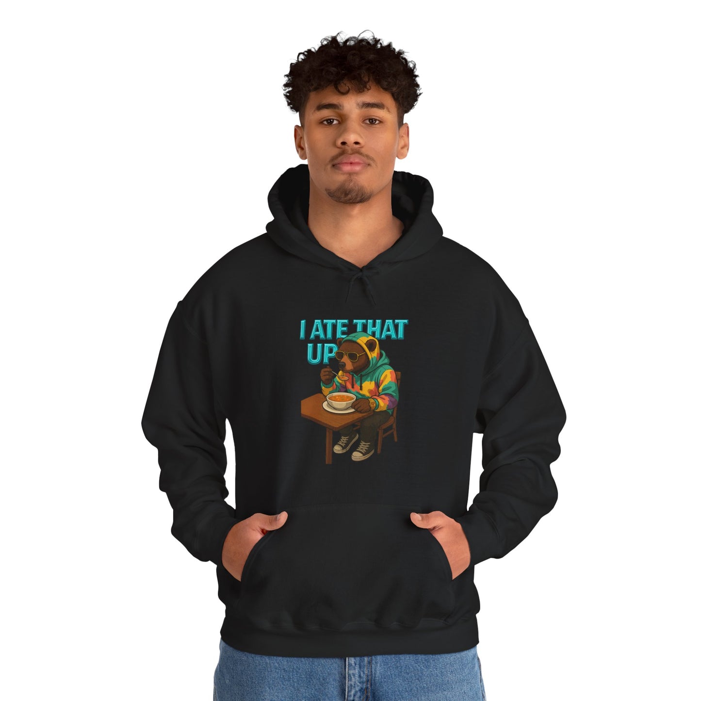 Ate That Up Playful Bear Hoodie, Funny Animal Sweatshirt, Gift for Food Lovers, Cozy Bear Apparel, Unique Unisex Pullover, Fun Statement Top