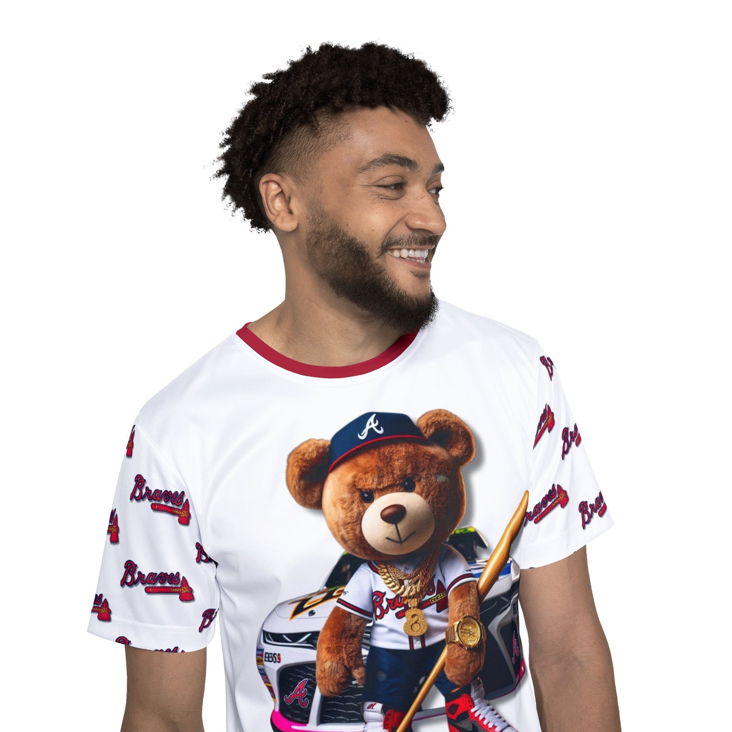 Atlanta Braves Baseball, Bristol Motor Speedway, White Men's Sports Jersey with Bear Mascot, Cute Baseball Shirt, Sporty Casual Wear, Gifts for Sports Fans, MLB Team Apparel, Fun Birthday Present