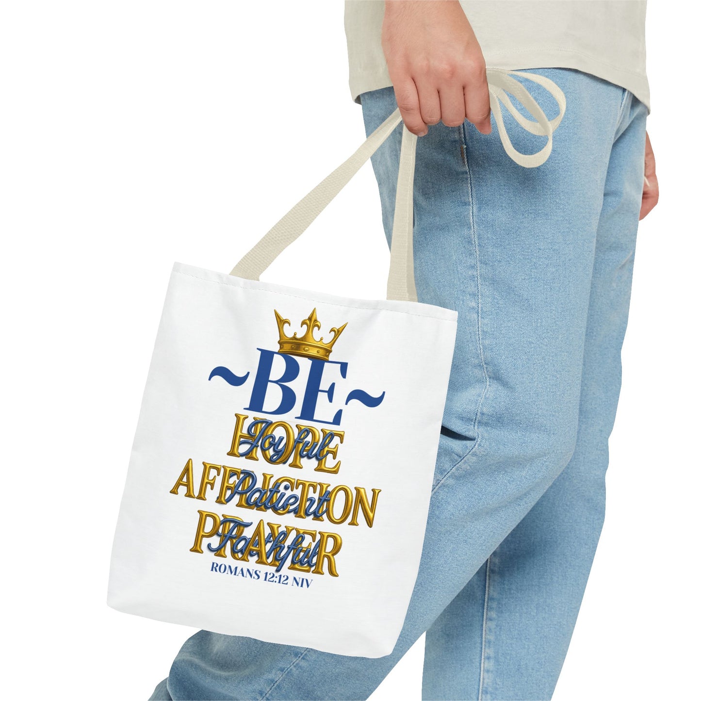 Romans 12:12 Inspirational Tote Bag - Be joyful in Hope - Love, Affection, Prayer | Eco-Friendly, Gift for Her, Everyday Bag, Bible Verse, Fashion Accessory