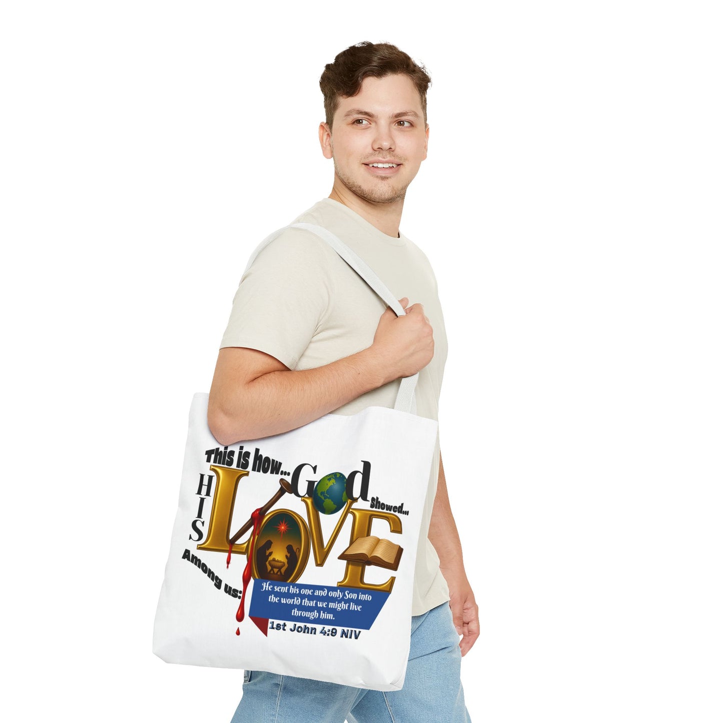 1st John 4:9 Faith-Inspired Tote Bag, Christian Gift, Religious Tote, Bible Verse Bag, Everyday Use, Church Accessory