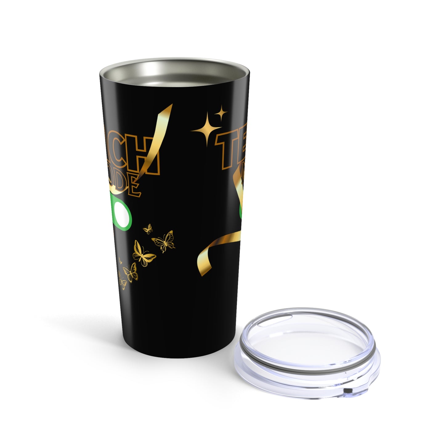 Teach Mode Stylish 20oz Tumbler for Celebrations, Personalized Drinkware, Gift for Teachers, Holiday Parties, Party Favors, Black & Gold Design