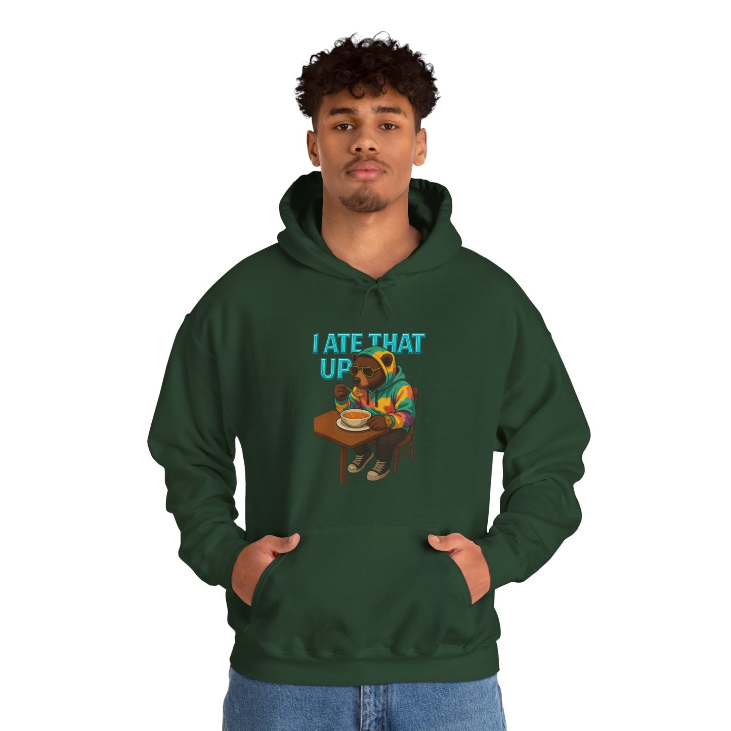 Ate That Up Playful Bear Hoodie, Funny Animal Sweatshirt, Gift for Food Lovers, Cozy Bear Apparel, Unique Unisex Pullover, Fun Statement Top