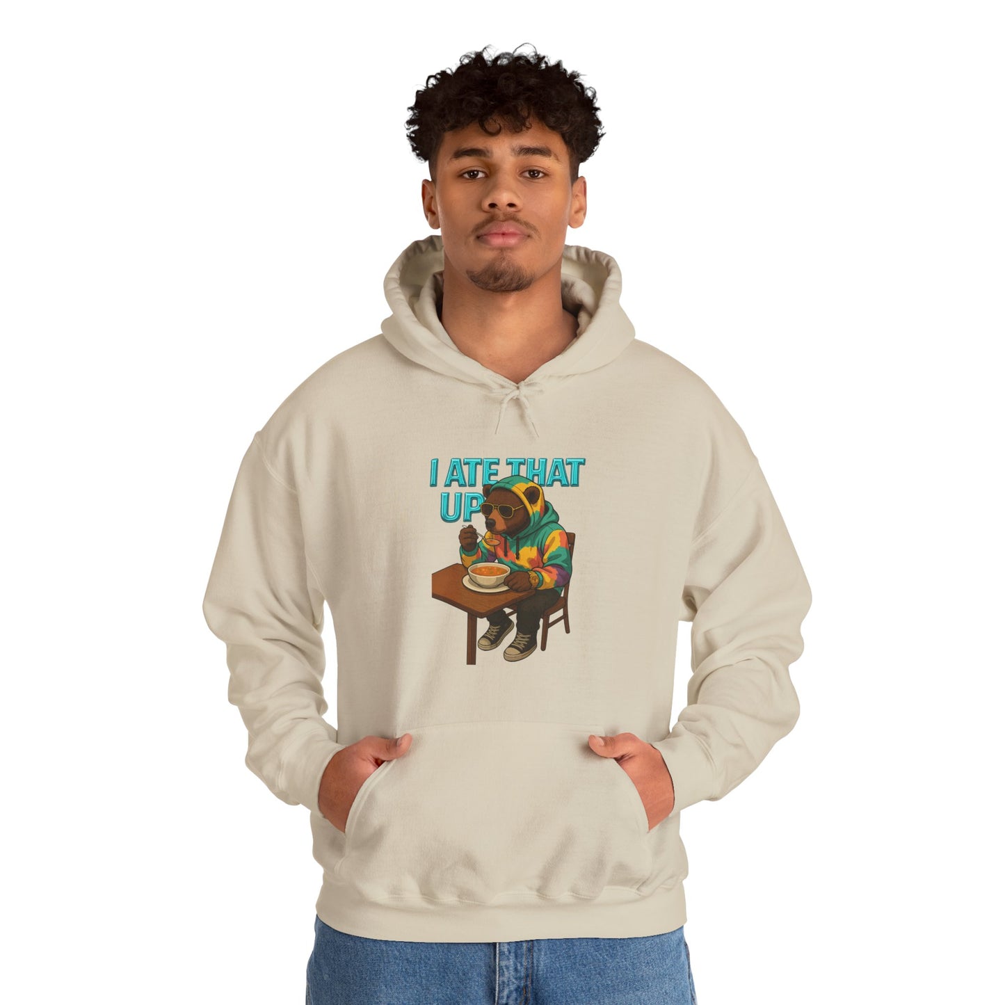 Ate That Up Playful Bear Hoodie, Funny Animal Sweatshirt, Gift for Food Lovers, Cozy Bear Apparel, Unique Unisex Pullover, Fun Statement Top