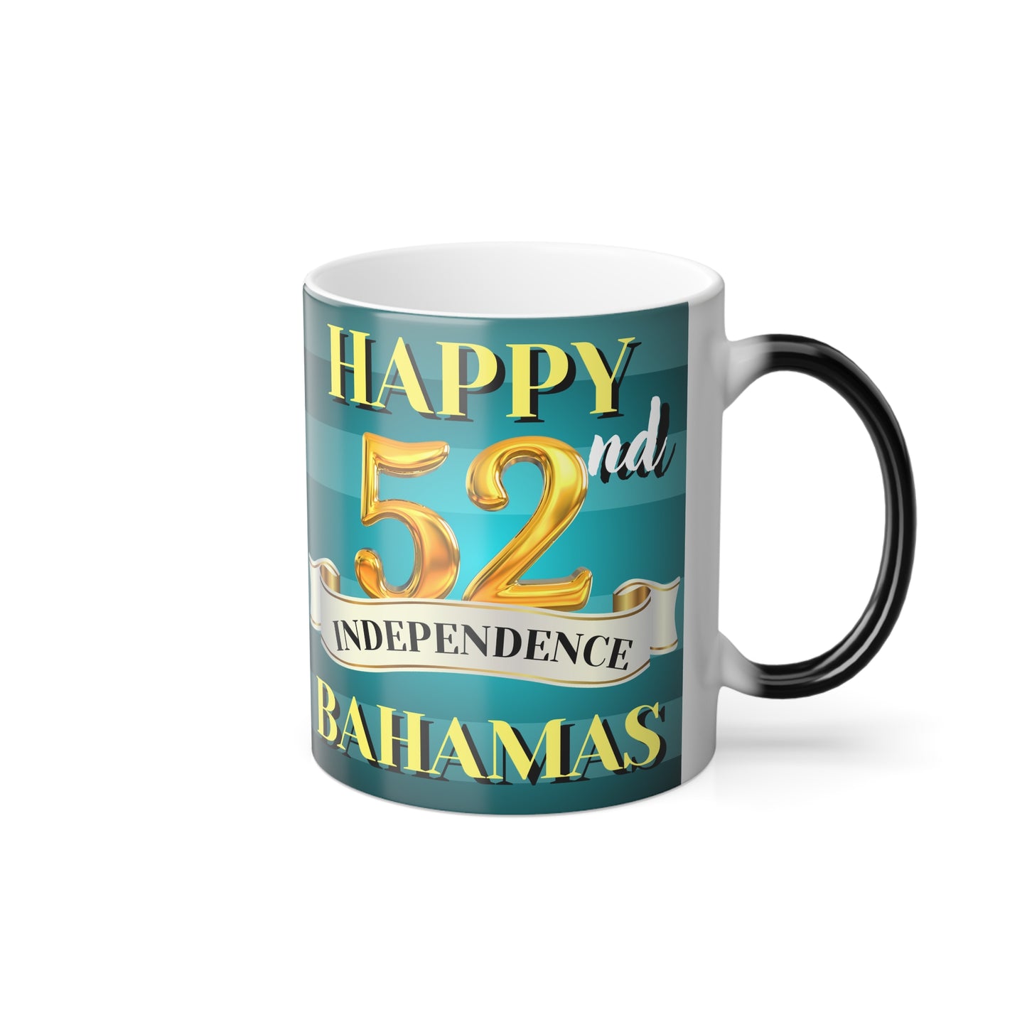 Happy 52nd Independence Blue Stripe Bahamas Color Morphing Mug - Happy Independence Day Gift, Custom Coffee Cup, Fun Drinkware for Bahamas Celebrations, Holiday Memento, Unique Present