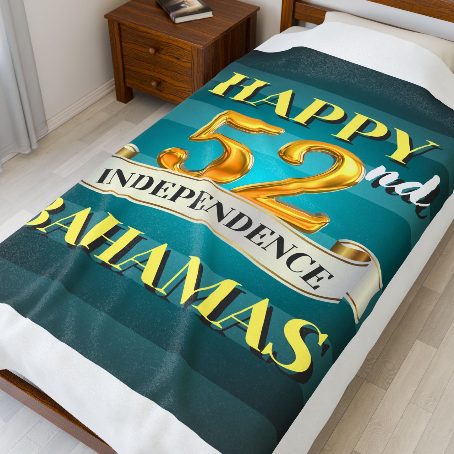 Happy 52nd Independence Blue Stripe Bahamas Velveteen Plush Blanket, Cozy Throw, Travel Blanket, Home Decor, Gift Idea, 52nd Independence Celebration