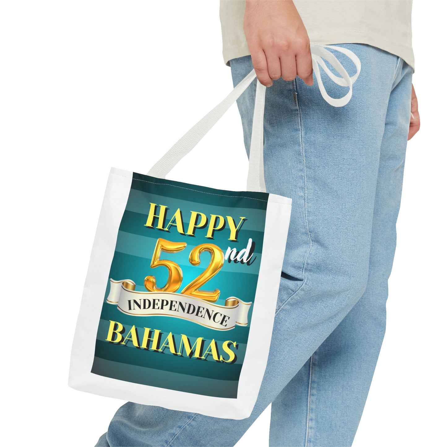 Happy 52nd Independence Blue Stripe Bahamas Tote Bag, Beach Bag, Travel Tote, Gift for Bahamian National Day, Independence Day Celebration
