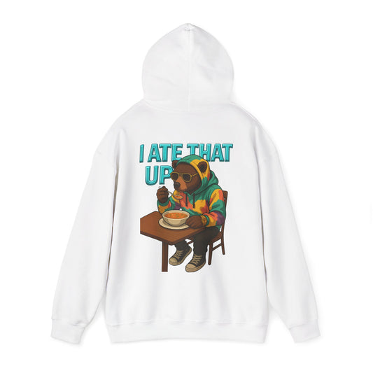 Ate That Up Playful Bear Hoodie, Funny Animal Sweatshirt, Gift for Food Lovers, Cozy Bear Apparel, Unique Unisex Pullover, Fun Statement Top