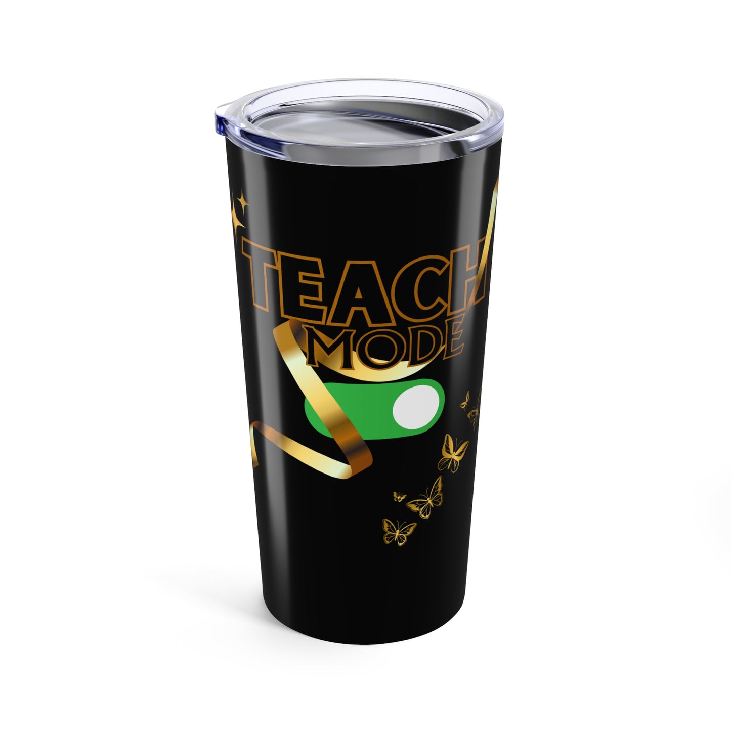Teach Mode Stylish 20oz Tumbler for Celebrations, Personalized Drinkware, Gift for Teachers, Holiday Parties, Party Favors, Black & Gold Design