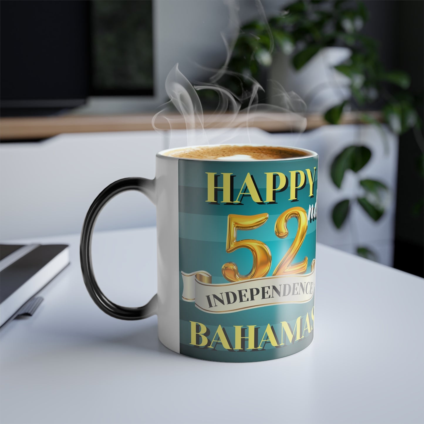 Happy 52nd Independence Blue Stripe Bahamas Color Morphing Mug - Happy Independence Day Gift, Custom Coffee Cup, Fun Drinkware for Bahamas Celebrations, Holiday Memento, Unique Present