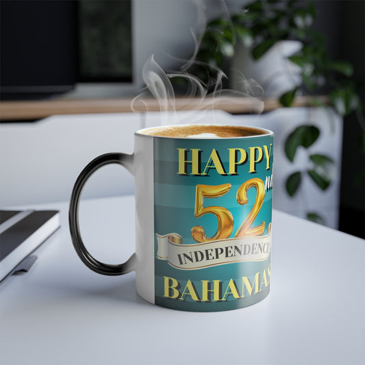 Happy 52nd Independence Blue Stripe Bahamas Color Morphing Mug - Happy Independence Day Gift, Custom Coffee Cup, Fun Drinkware for Bahamas Celebrations, Holiday Memento, Unique Present