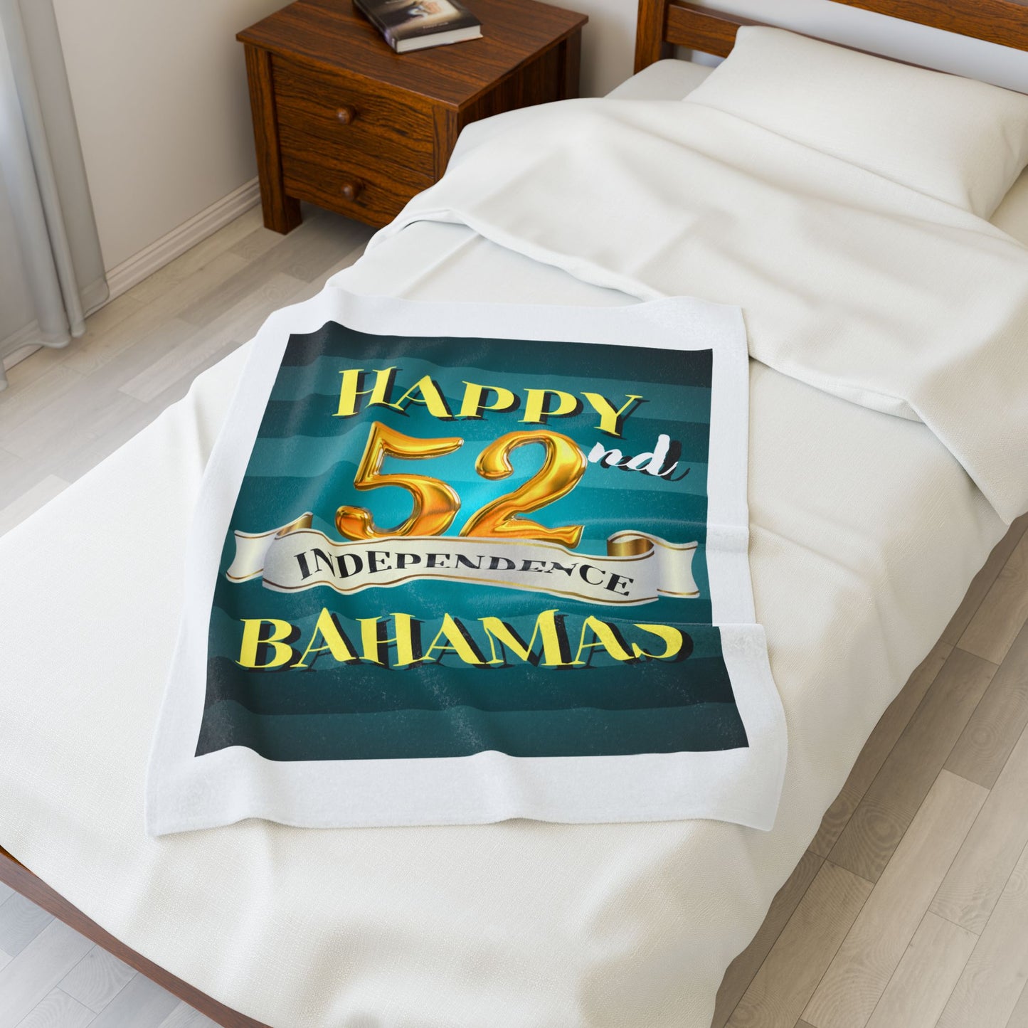 Happy 52nd Independence Blue Stripe Bahamas Velveteen Plush Blanket, Cozy Throw, Travel Blanket, Home Decor, Gift Idea, 52nd Independence Celebration