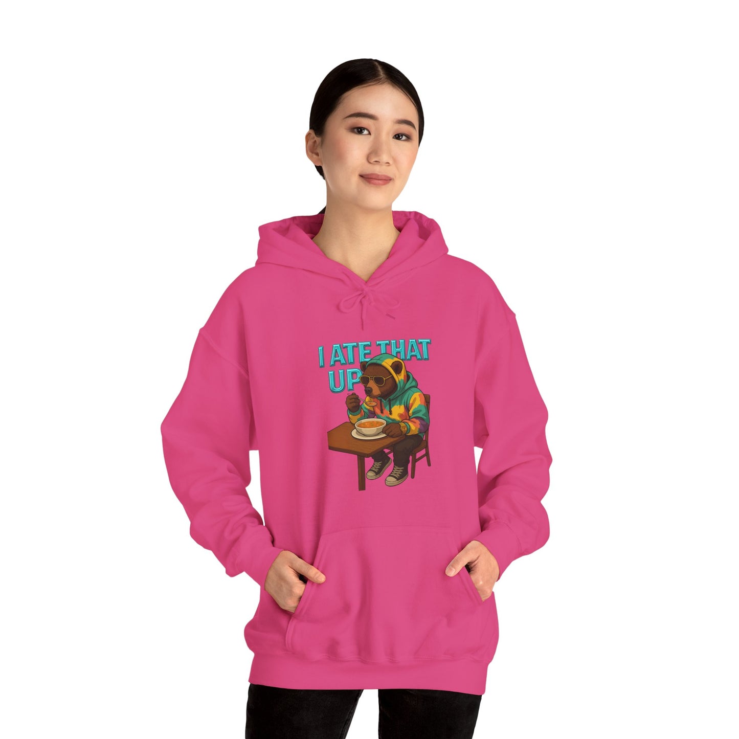 Ate That Up Playful Bear Hoodie, Funny Animal Sweatshirt, Gift for Food Lovers, Cozy Bear Apparel, Unique Unisex Pullover, Fun Statement Top