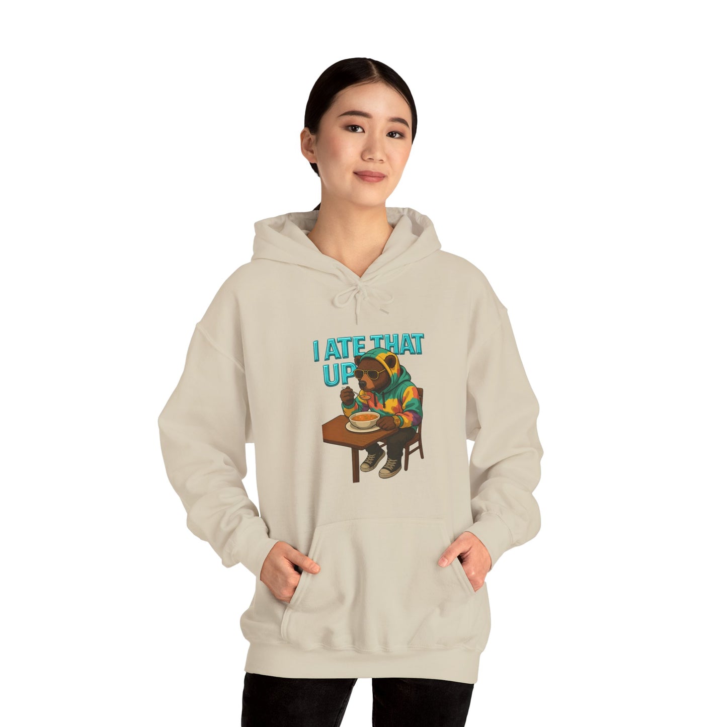 Ate That Up Playful Bear Hoodie, Funny Animal Sweatshirt, Gift for Food Lovers, Cozy Bear Apparel, Unique Unisex Pullover, Fun Statement Top
