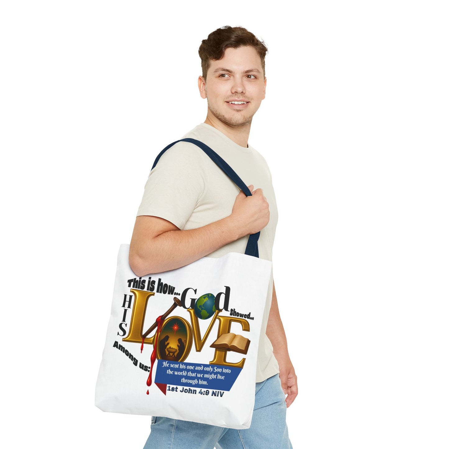 1st John 4:9 Faith-Inspired Tote Bag, Christian Gift, Religious Tote, Bible Verse Bag, Everyday Use, Church Accessory