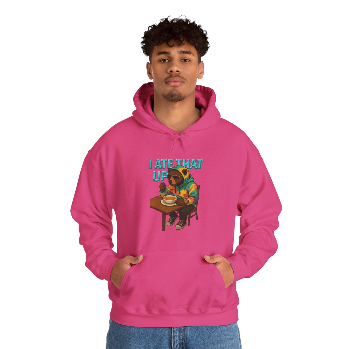 Ate That Up Playful Bear Hoodie, Funny Animal Sweatshirt, Gift for Food Lovers, Cozy Bear Apparel, Unique Unisex Pullover, Fun Statement Top