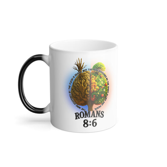 Romans 8:6 Color Morphing Mug, Nature-Inspired Heat Sensitive Coffee Cup, Unique Gift for Plant Lovers, Fun Home Decor, Eco-Friendly Beverage Mug