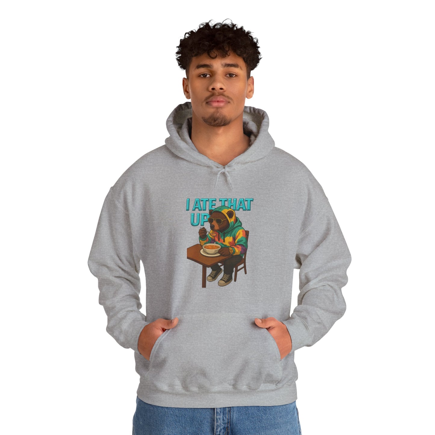 Ate That Up Playful Bear Hoodie, Funny Animal Sweatshirt, Gift for Food Lovers, Cozy Bear Apparel, Unique Unisex Pullover, Fun Statement Top
