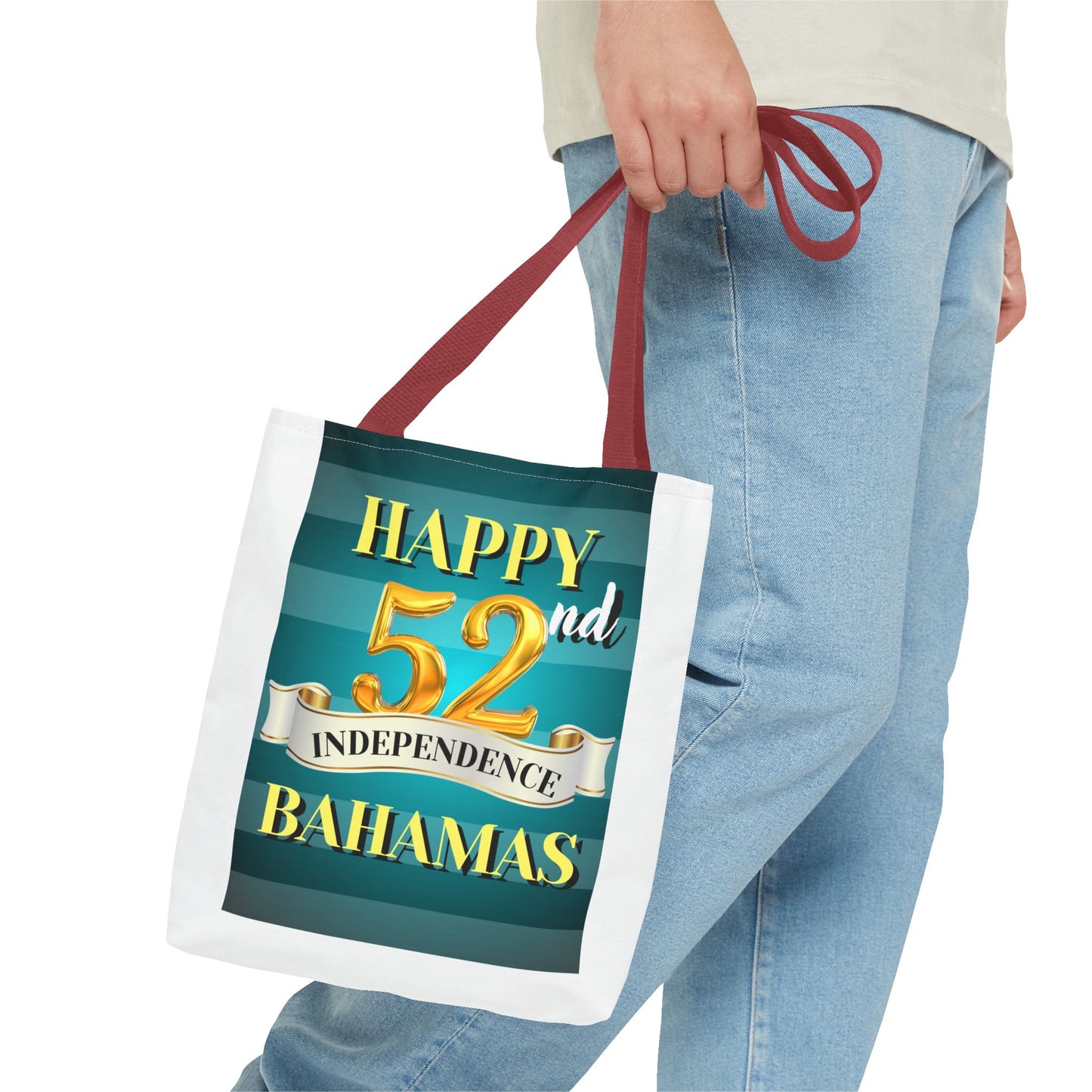 Happy 52nd Independence Blue Stripe Bahamas Tote Bag, Beach Bag, Travel Tote, Gift for Bahamian National Day, Independence Day Celebration