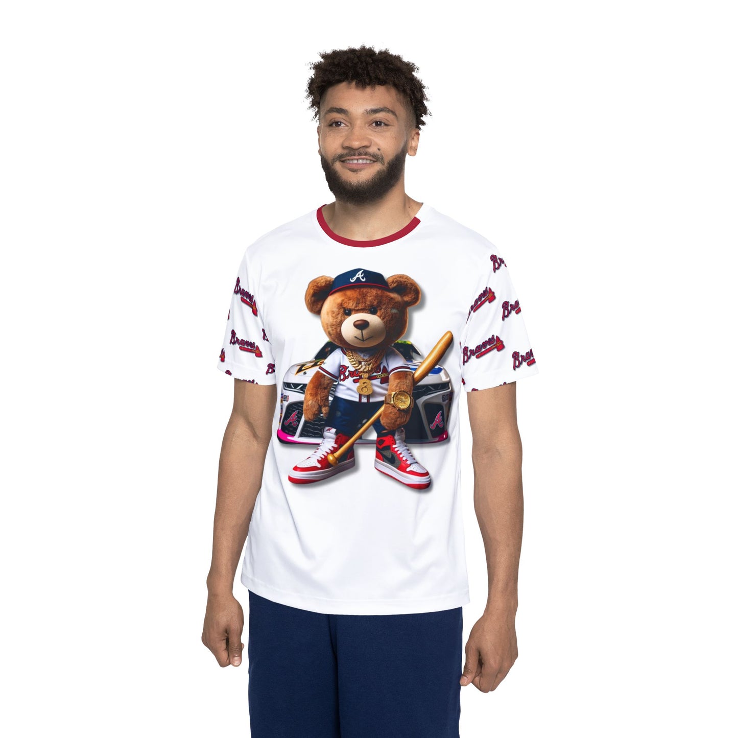 Atlanta Braves Baseball, Bristol Motor Speedway, White Men's Sports Jersey with Bear Mascot, Cute Baseball Shirt, Sporty Casual Wear, Gifts for Sports Fans, MLB Team Apparel, Fun Birthday Present