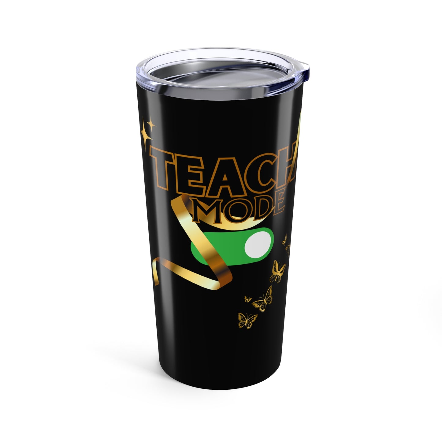 Teach Mode Stylish 20oz Tumbler for Celebrations, Personalized Drinkware, Gift for Teachers, Holiday Parties, Party Favors, Black & Gold Design
