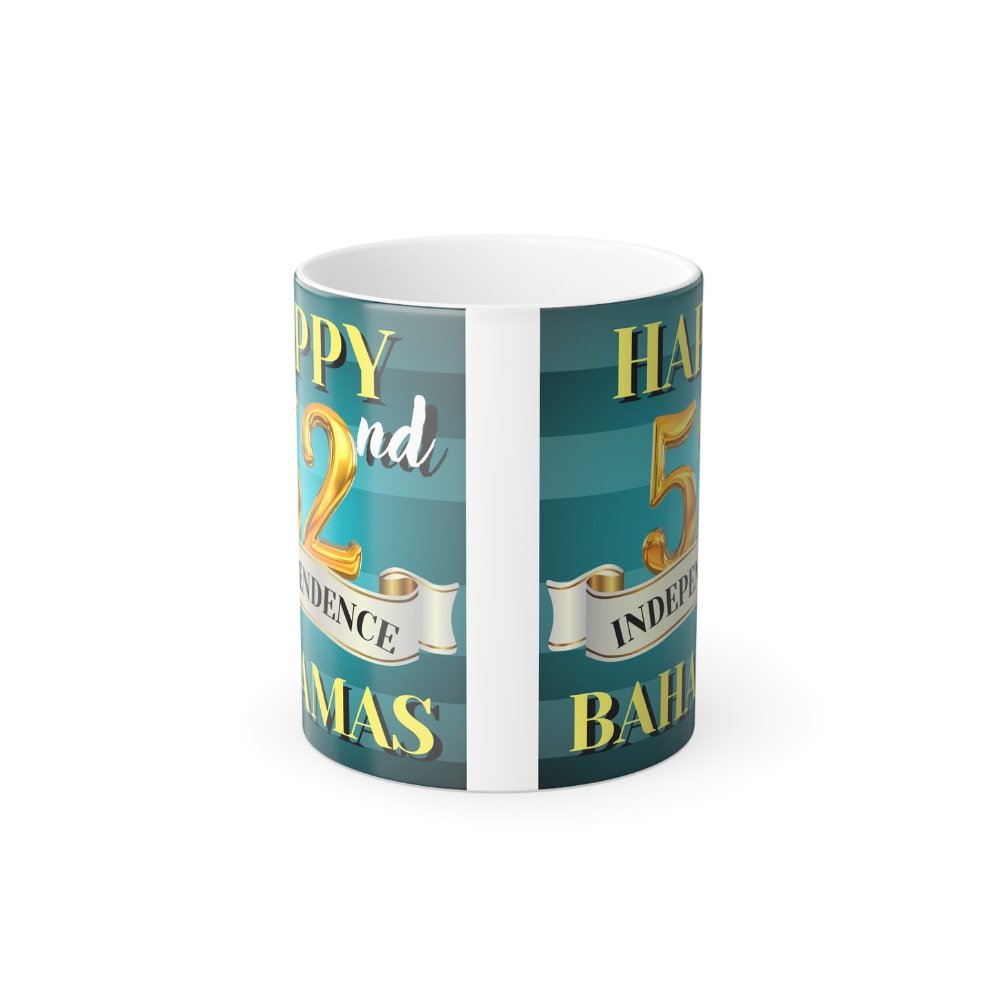 Happy 52nd Independence Blue Stripe Bahamas Color Morphing Mug - Happy Independence Day Gift, Custom Coffee Cup, Fun Drinkware for Bahamas Celebrations, Holiday Memento, Unique Present