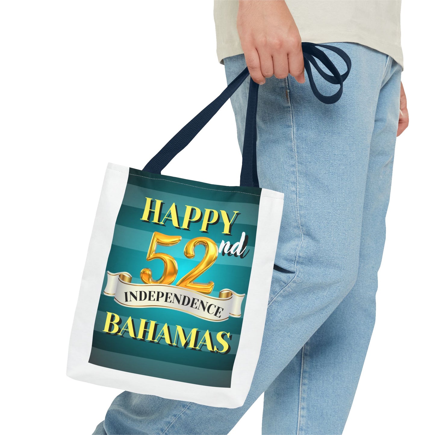 Happy 52nd Independence Blue Stripe Bahamas Tote Bag, Beach Bag, Travel Tote, Gift for Bahamian National Day, Independence Day Celebration