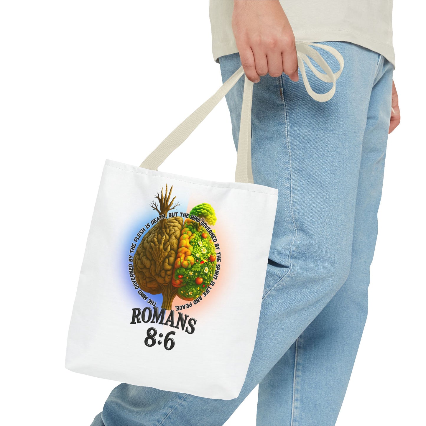 Romans 8:6 Inspirational Tote Bag, Motivational Shopping Bag, Eco-Friendly Tote, Faith-Based Gift, Positive Message Carrier