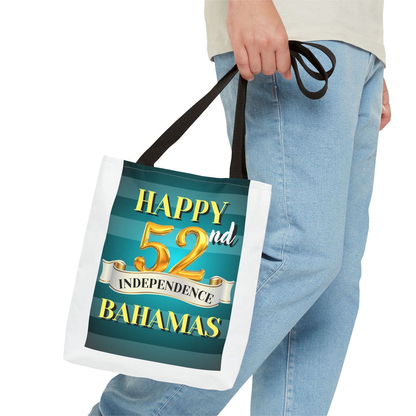 Happy 52nd Independence Blue Stripe Bahamas Tote Bag, Beach Bag, Travel Tote, Gift for Bahamian National Day, Independence Day Celebration