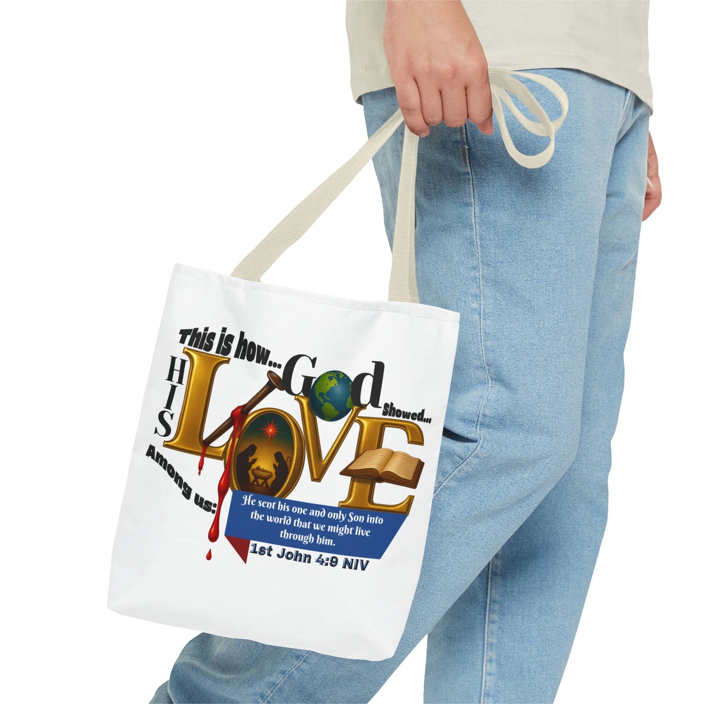 1st John 4:9 Faith-Inspired Tote Bag, Christian Gift, Religious Tote, Bible Verse Bag, Everyday Use, Church Accessory