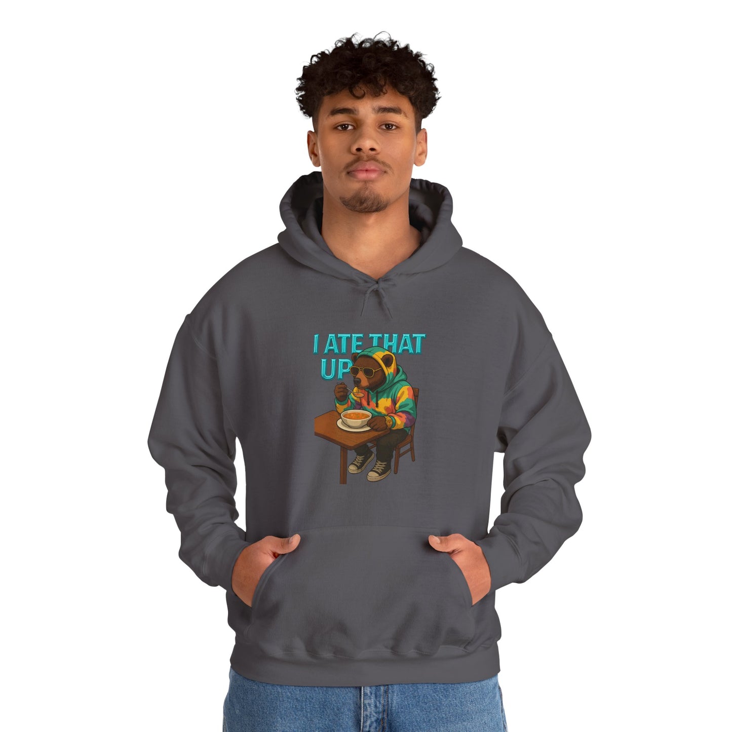 Ate That Up Playful Bear Hoodie, Funny Animal Sweatshirt, Gift for Food Lovers, Cozy Bear Apparel, Unique Unisex Pullover, Fun Statement Top