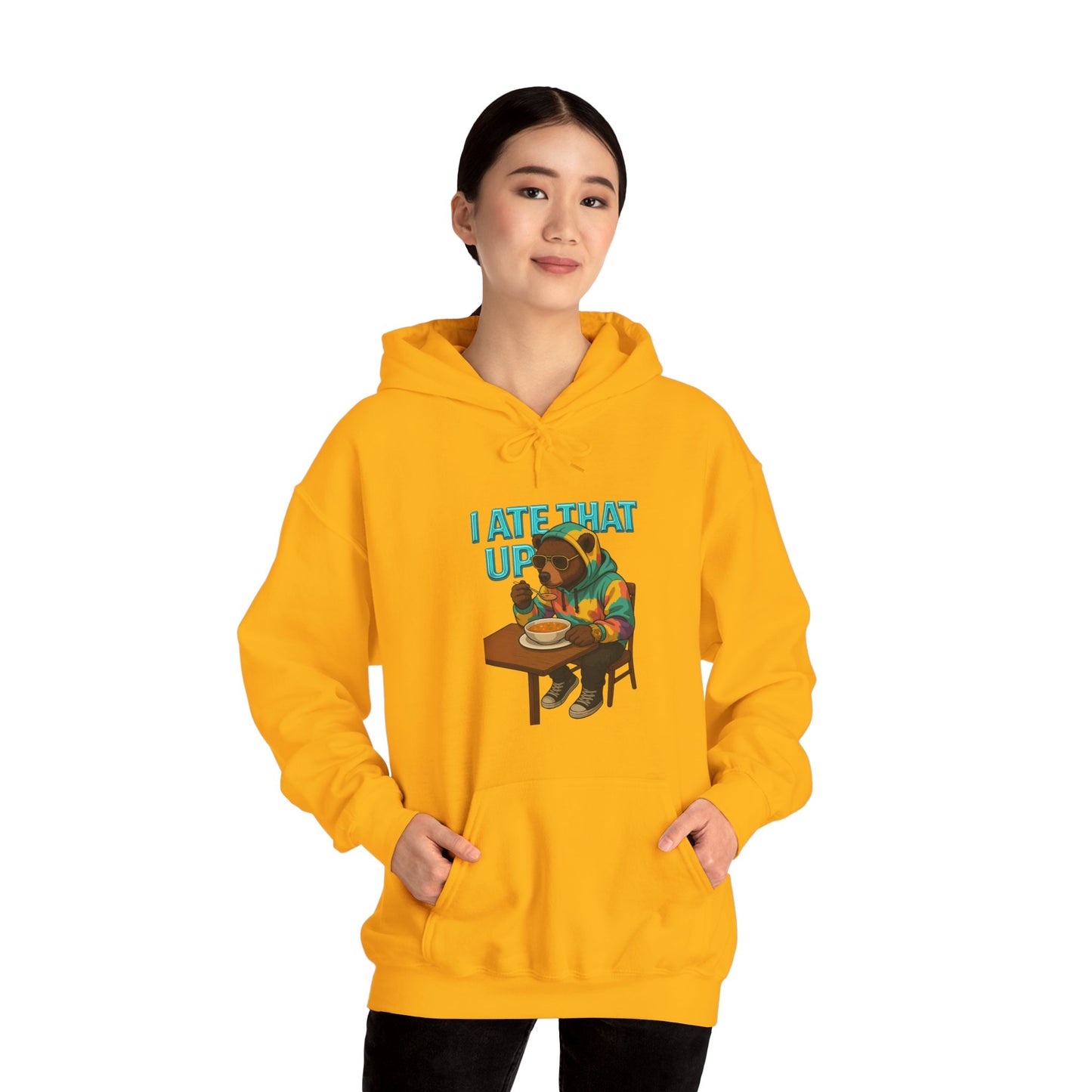 Ate That Up Playful Bear Hoodie, Funny Animal Sweatshirt, Gift for Food Lovers, Cozy Bear Apparel, Unique Unisex Pullover, Fun Statement Top