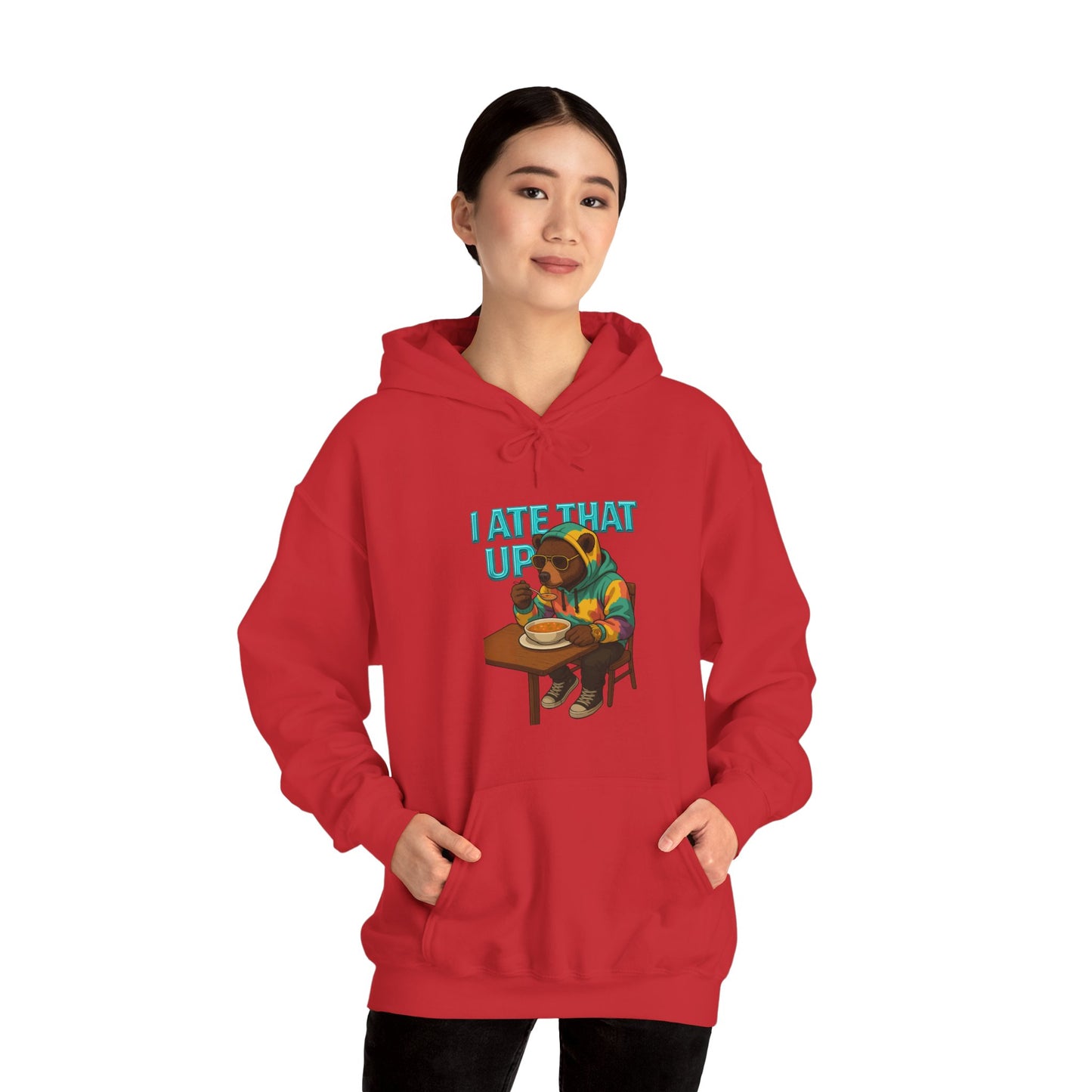 Ate That Up Playful Bear Hoodie, Funny Animal Sweatshirt, Gift for Food Lovers, Cozy Bear Apparel, Unique Unisex Pullover, Fun Statement Top