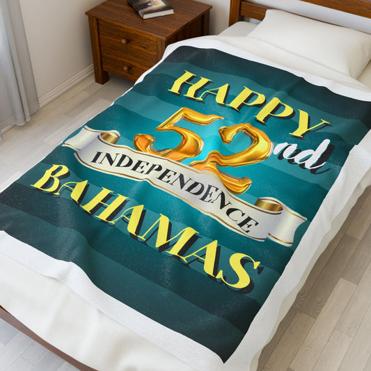Happy 52nd Independence Blue Stripe Bahamas Velveteen Plush Blanket, Cozy Throw, Travel Blanket, Home Decor, Gift Idea, 52nd Independence Celebration
