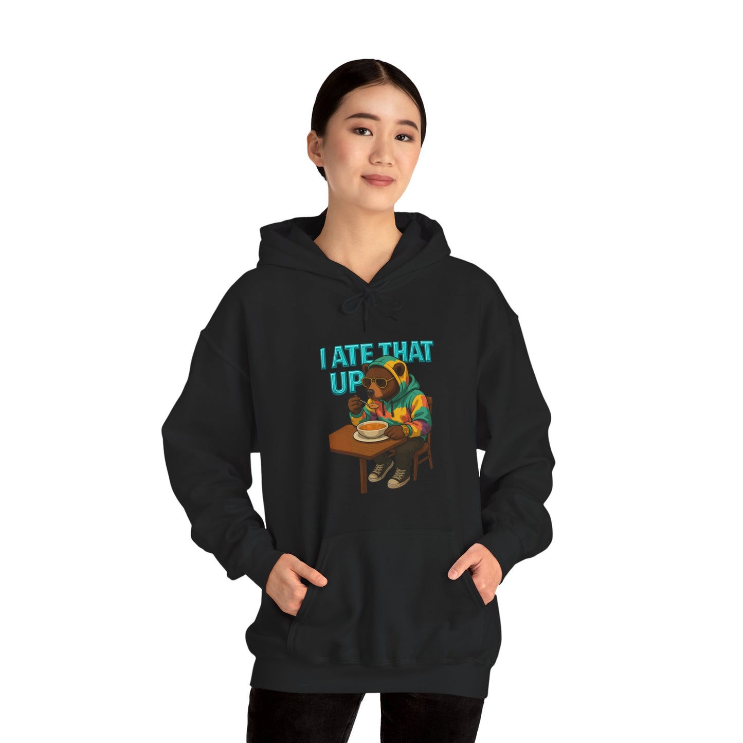 Ate That Up Playful Bear Hoodie, Funny Animal Sweatshirt, Gift for Food Lovers, Cozy Bear Apparel, Unique Unisex Pullover, Fun Statement Top